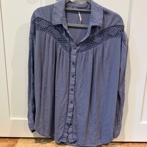 Free People Blue Button Down Shirt with Crochet Detail